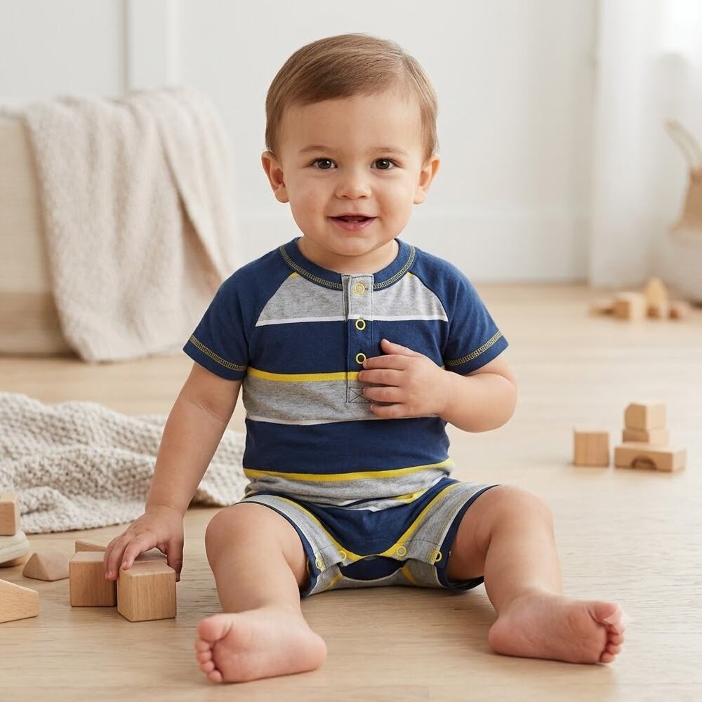 Burt's Bees Baby Infant Boys Striped Organic Cotton Romper 6-9M
